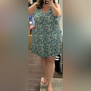 Sleeveless Blue Green Floral V-Neck Women’s Dress-3X